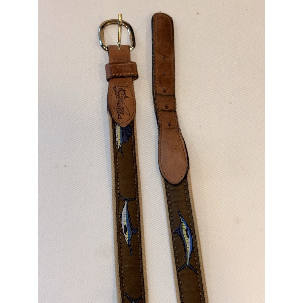 World Wide Sportsman Sz 42 Marlin Canvas Leather Belt Made USA Fishing 1"